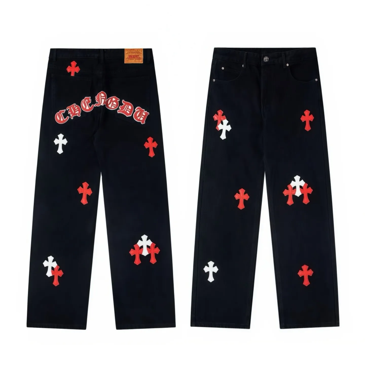 P210 💰 Chrome Hearts & CH city limited series Sanskrit cross patch patchwork leather jeans need to be washed and then disassembled and hand-stitched with sheepskin cross leather and then spliced ​​together to complete. The whole piece requires too much craftsmanship to explain. The texture can be seen in the hand, and it looks good. The styles with different washed textures are very friendly to people with thin legs and thick legs. The straight version is very flattering to the leg shape. The moderate length is timeless and can be matched easily and casually. It is the basic styling foundation for various styles and is a must-have in the wardrobe! The fabric is stiff but also makes the upper body soft without losing texture. The washing process is even more perfect. It is a must-have item for everyone! ! ! Washed wheat, hang tag, pants label, three labels are complete, the upper body effect is particularly stiff and stylish, super stylish, same style for men and women - Color: Size: 28 30 32 34 36